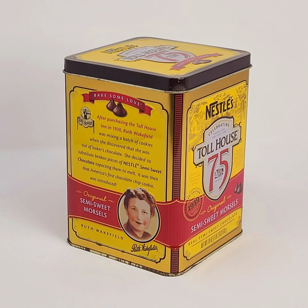 2014 Nestle Toll House Tin 75th Anniversary Canister Yellow Red 6.25 inches Good